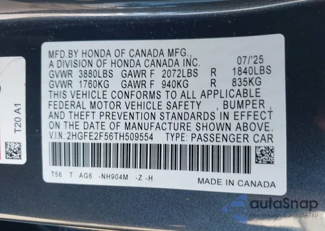 2026 Honda Civic Sport z USA, uszkodzony, nr VIN 2HGFE2F56TH509554